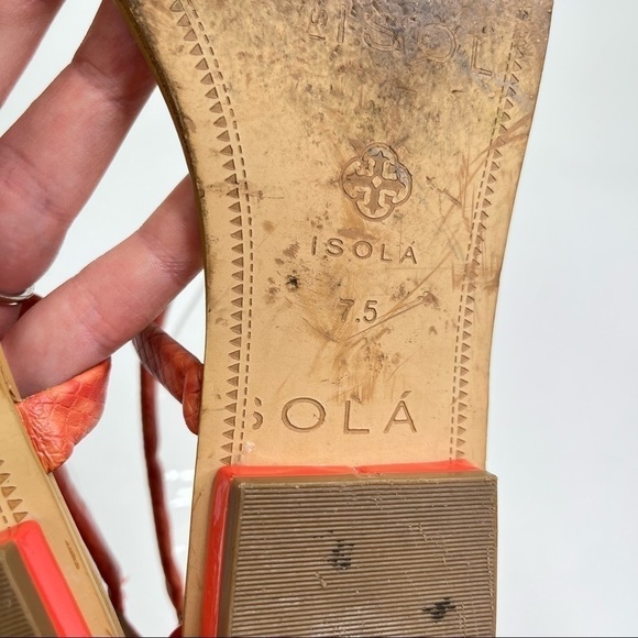 ISOLÁ Coral Peach Orange Snakeskin Gold Tipped T-Strap Cleopatra Sandals Shoes - Picture 12 of 12